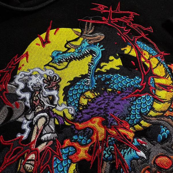 Luffy Gear 5 vs Kaido Black Embroidered Hoodie for Unisex