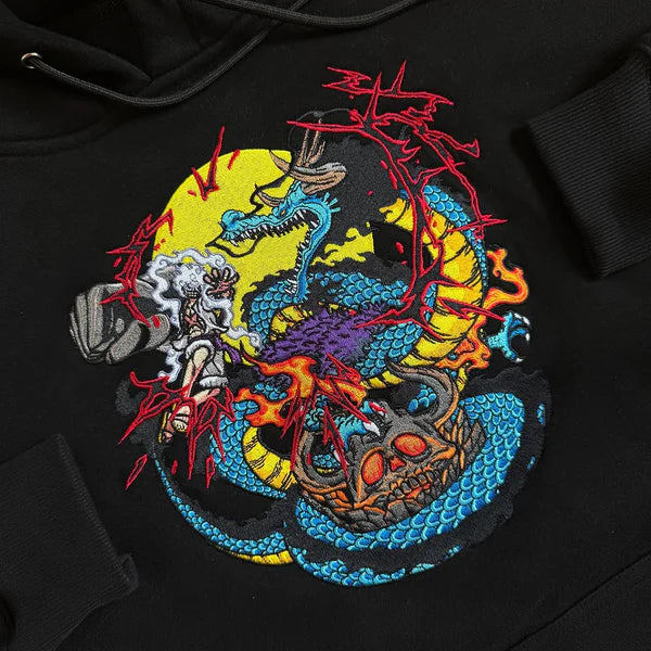 Luffy Gear 5 vs Kaido Black Embroidered Hoodie for Unisex