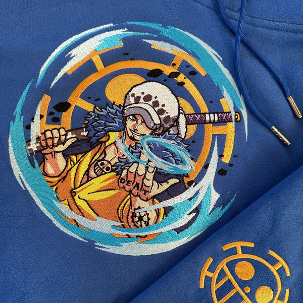 Trafalgar D. Water Law Embroidered Hoodie – front view showcasing detailed anime embroidery