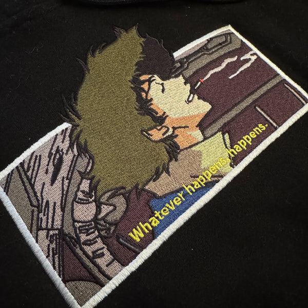 Cowboy Bebop Embroidered Hoodie – front view showcasing detailed anime embroidery of Spike Spiegel design