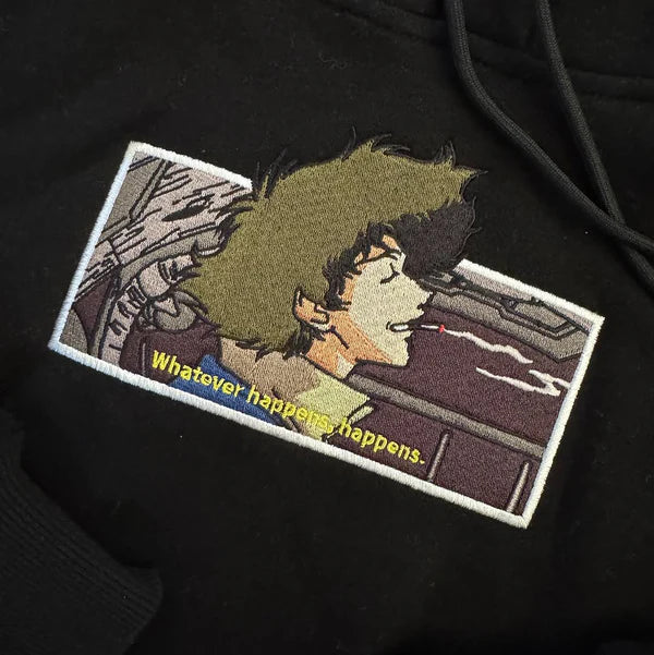 Cowboy Bebop Embroidered Hoodie – front view showcasing detailed anime embroidery of Spike Spiegel design