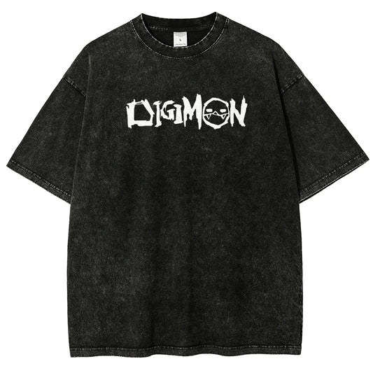 D-mon Premium Heavyweight Acid Wash T Shirt 100% Cotton Distressed Anime Graphic Tee