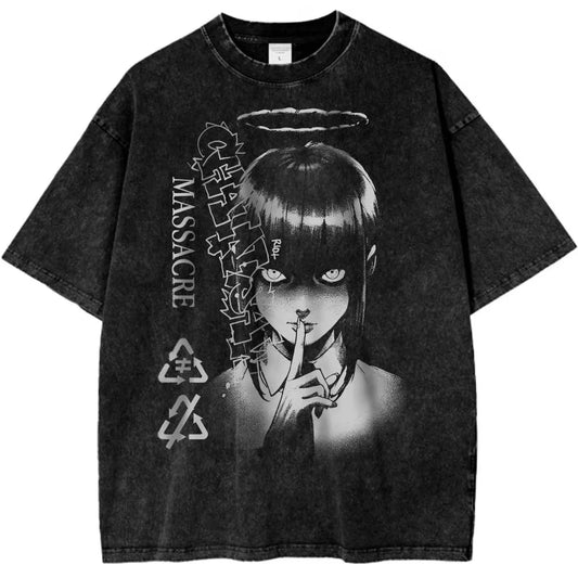 Chainsaw Man Vintage Washed 2D T Shirt Harajuku Streetwear Unisex Tee