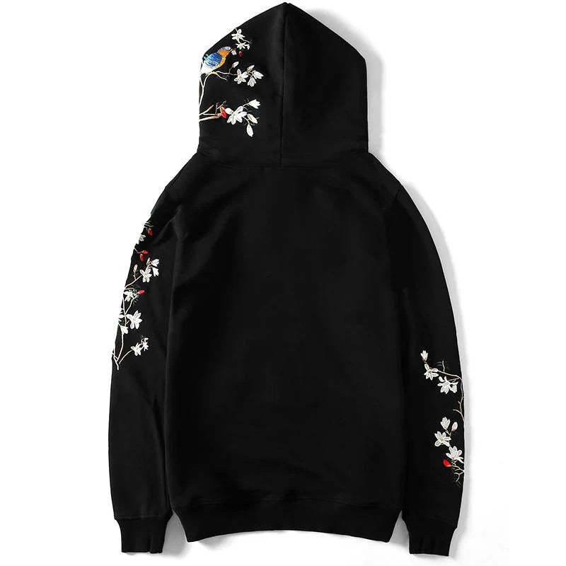 Birds & Trees Embroidered Sukajan Black Hoodie – Wisdom in Flight