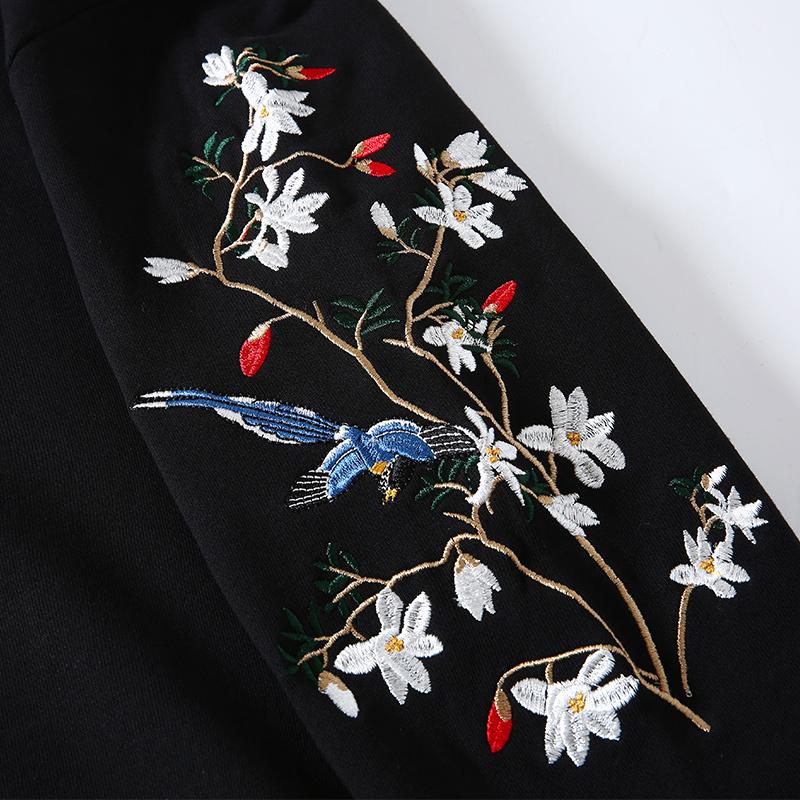 Birds & Trees Embroidered Sukajan Black Hoodie – Wisdom in Flight