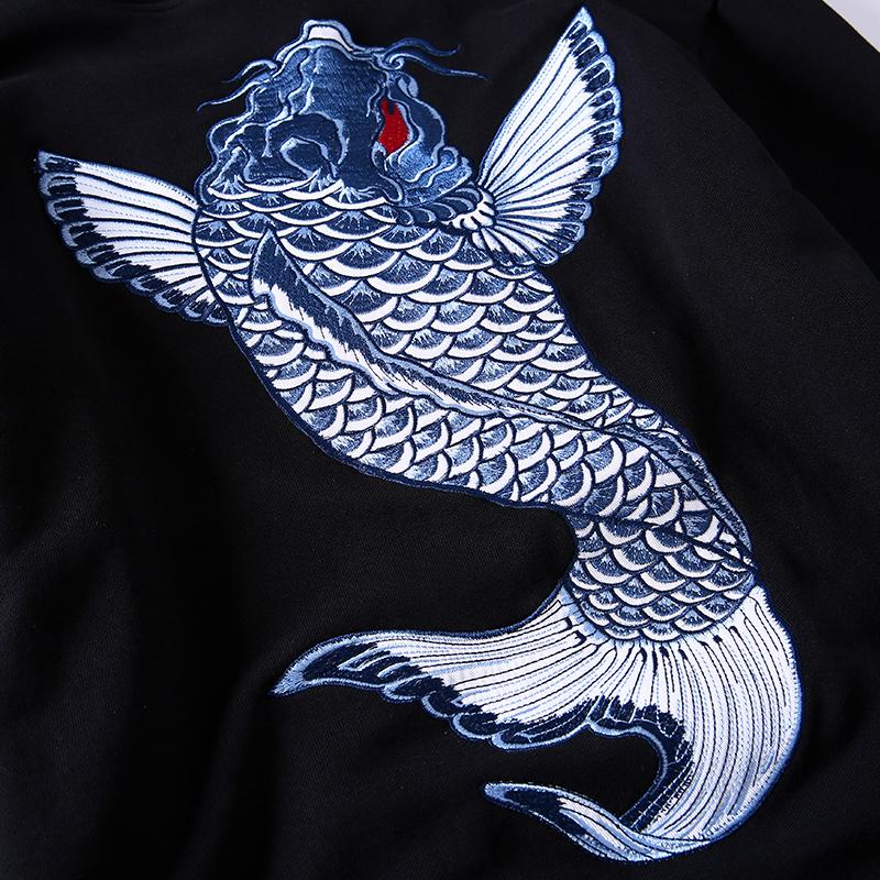 Blue Koi Carp Embroidered Sukajan Hoodie – Symbol of Strength & Serenity