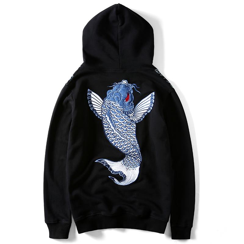 Blue Koi Carp Embroidered Sukajan Hoodie featuring symbolic koi fish embroidery on cotton fabric