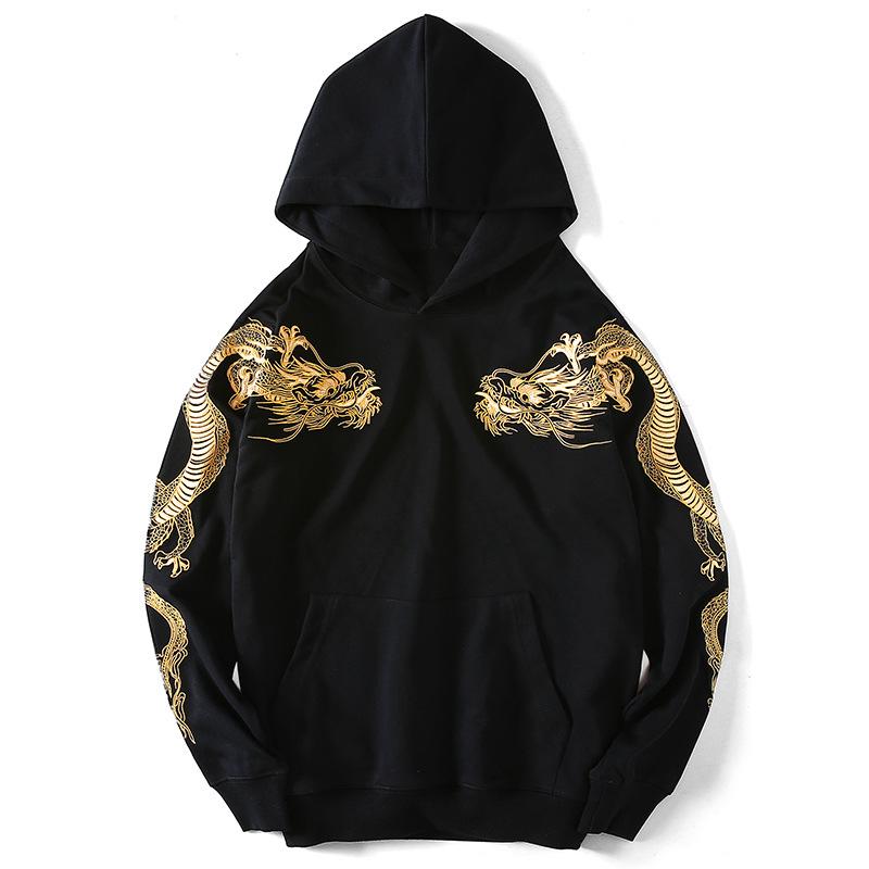 Double Flying Dragons Embroidery Hoodie with gold dragons stretching from sleeves to chest in traditional embroidered design