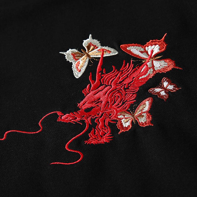 Dragon in Flowers Embroidered Black Hoodie – Fierce Power Meets Gentle Beauty