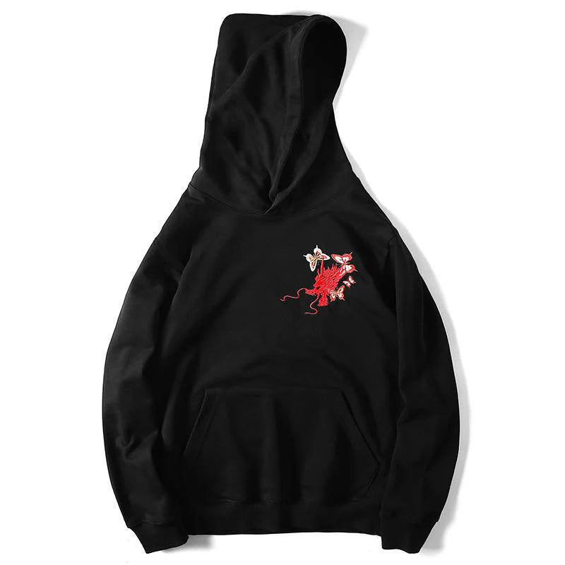 Dragon in Flowers Embroidered Black Hoodie – Fierce Power Meets Gentle Beauty