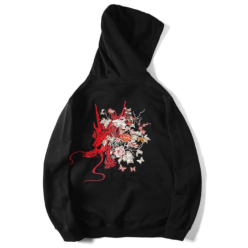 Dragon in Flowers Embroidered Hoodie with fierce dragon surrounded by embroidered flowers and butterflies