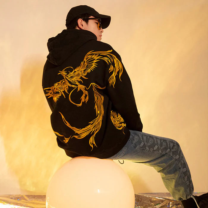Golden Phoenix Embroidered Black Hoodie – Rise in Power and Style