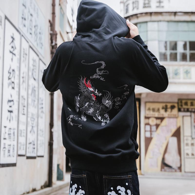 Kirin Embroidered Sukajan Black Hoodie – Mythical Elegance & Power
