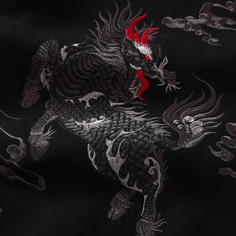 Kirin Embroidered Sukajan Black Hoodie – Mythical Elegance & Power