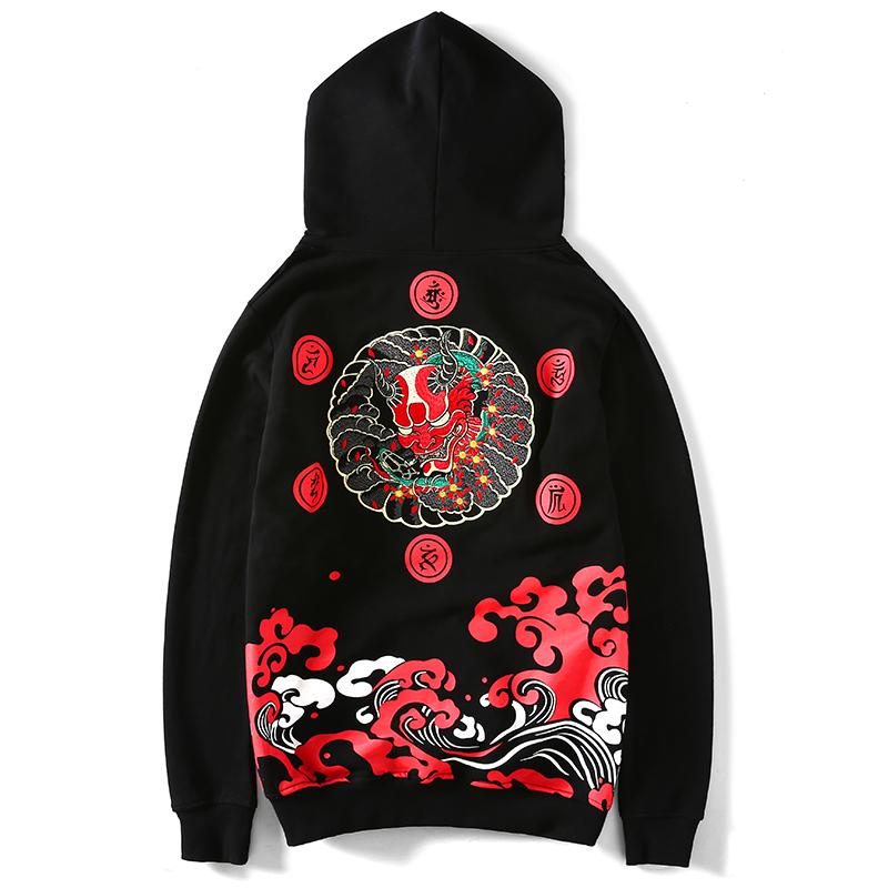 The Oni Embroidered Sukajan Hoodie featuring a snarling Japanese demon with red and white embroidered waves on black cotton