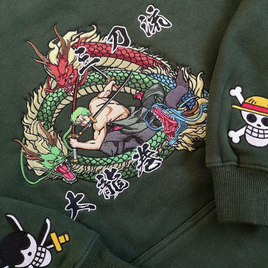 Roronoa Zoro "Dragon Quake" One Piece Anime Embroidered Hoodie Collection