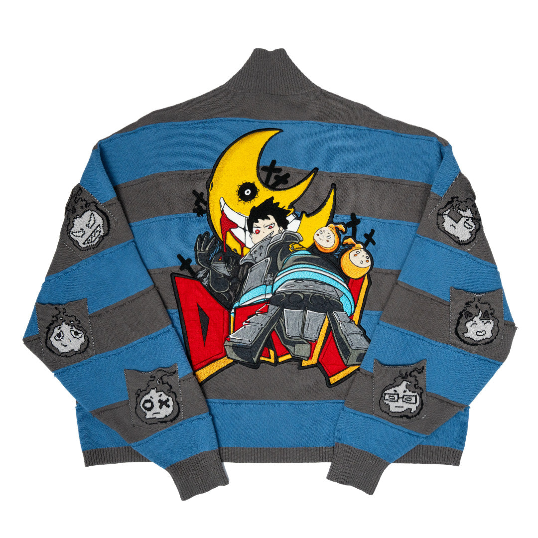 Fire Rugby Knit heavyweight cotton sweater with distressed fringing and embroidered front and back logos