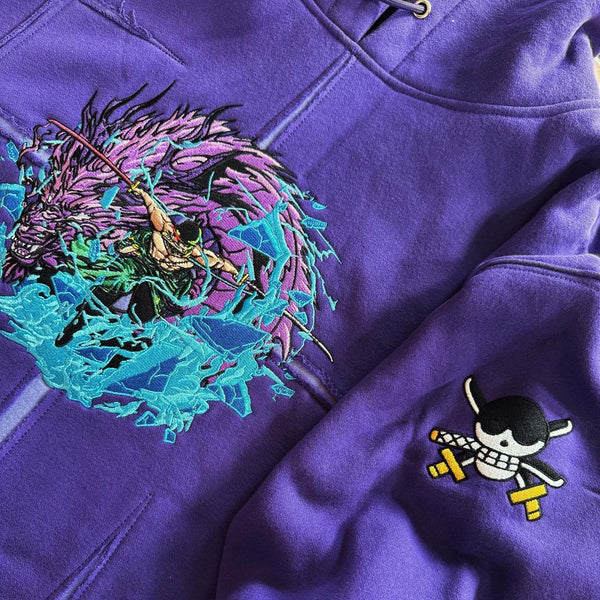 Zoro Dragon Slash purple embroidered hoodie – front view showcasing detailed anime episodes embroidery