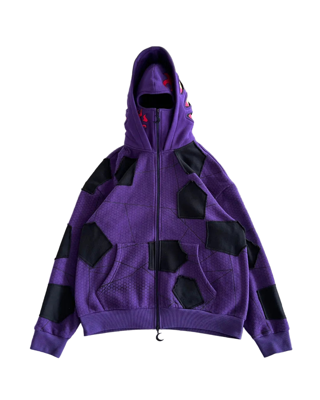 Kokushibo Moon Breathing purple embroidered hoodie with crescent moon zipper and detailed anime-inspired embroidery