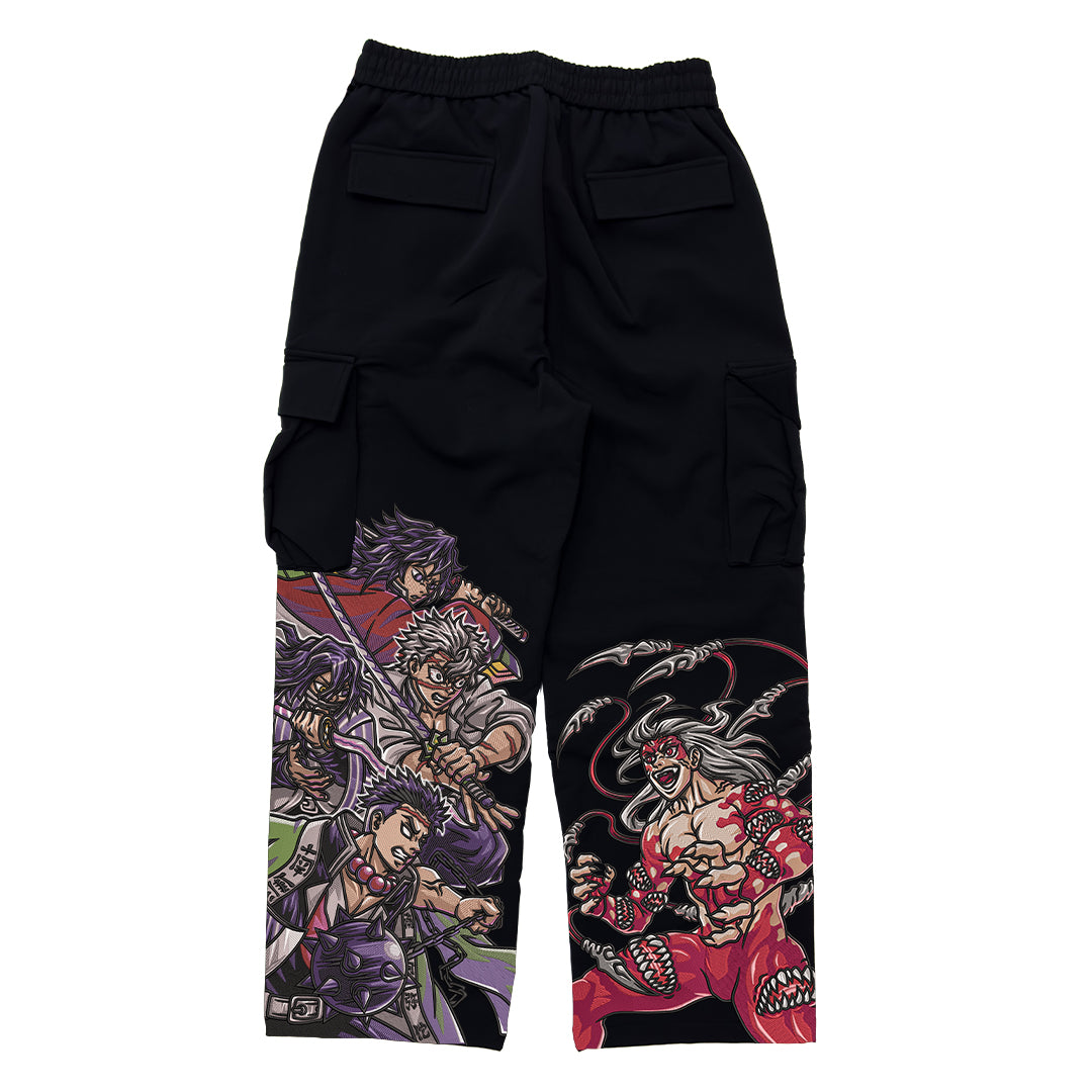 Demon Slayer Cargo Black Pants with high-quality embroidery, multiple pockets, and unisex streetwear style