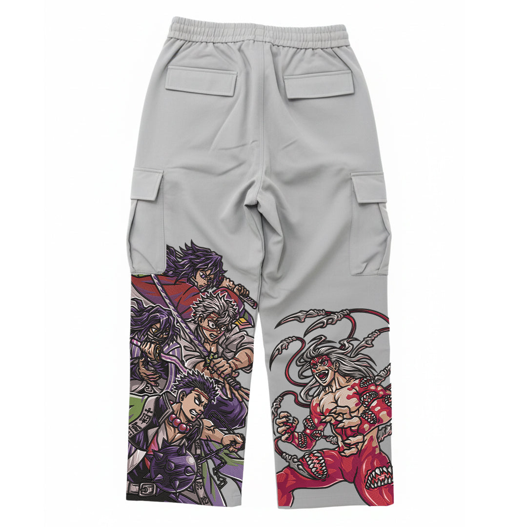 Slayer Cargo Pants with high-quality embroidery, multiple pockets, and unisex streetwear design