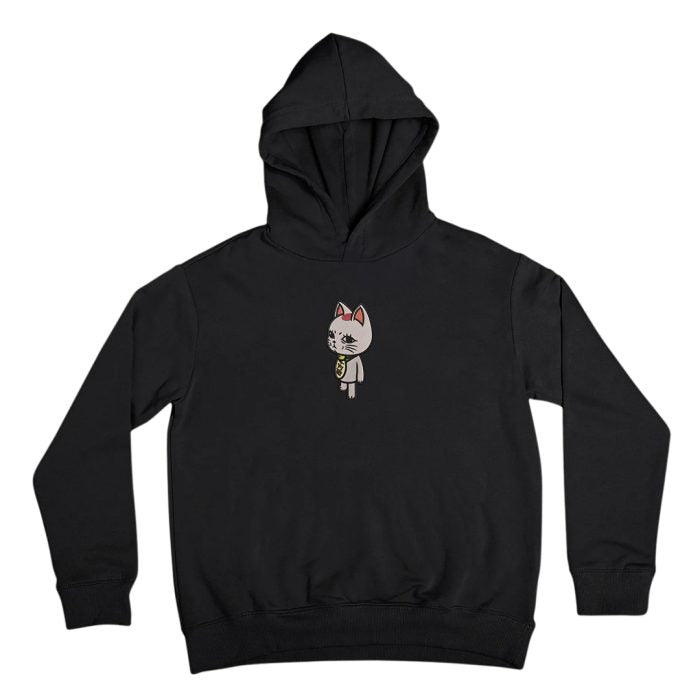 Black DanDaDan embroidered hoodie front view, showcasing the high-quality embroidery on a heavyweight cotton sweatshirt.