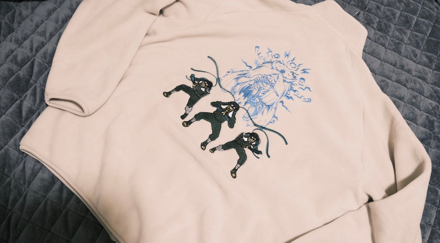 Hiruzen Sarutobi “The Third Hokage” Fleece Full-Zip Beige Embroidered Jacket