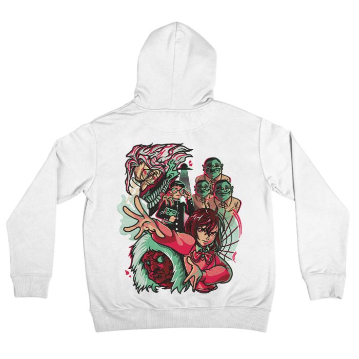 White Back view of the unisex DanDaDan embroidered hoodie, made from soft 100% cotton.