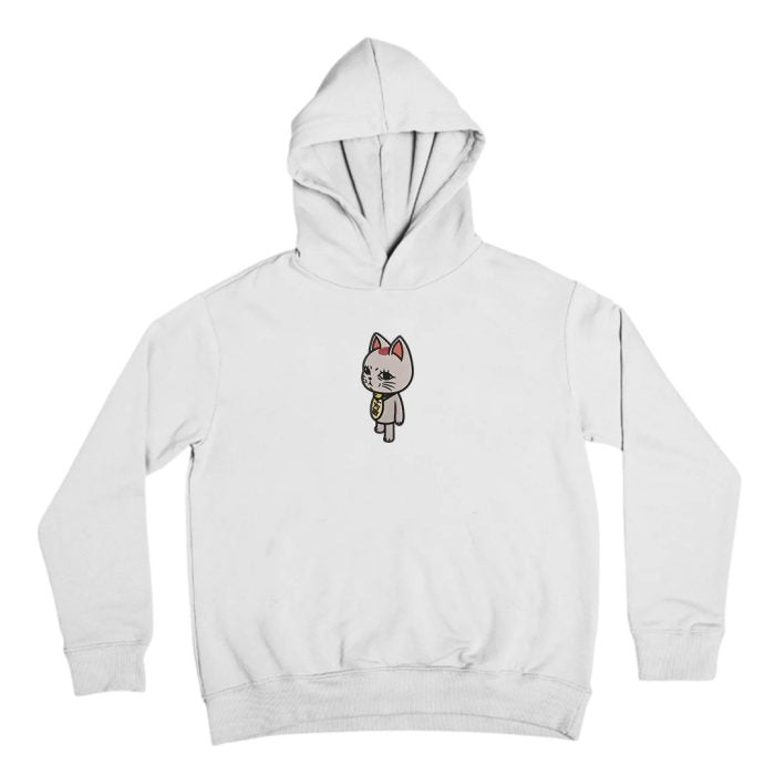 White DanDaDan embroidered hoodie front view, showcasing the high-quality embroidery on a heavyweight cotton sweatshirt.