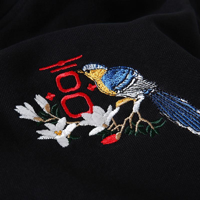 Birds & Trees Embroidered Sukajan Black Hoodie – Wisdom in Flight