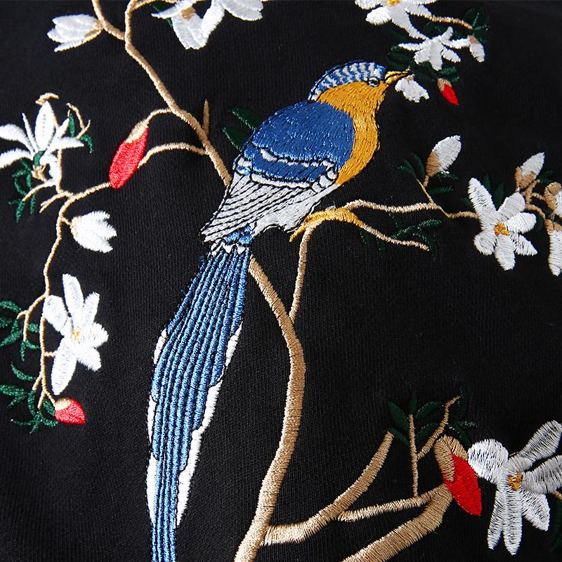 Birds & Trees Embroidered Sukajan Black Hoodie – Wisdom in Flight