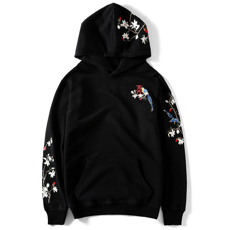 Birds & Trees Embroidered Sukajan Hoodie with colorful magpie embroidery and minimalist tree branches on cotton fabric

