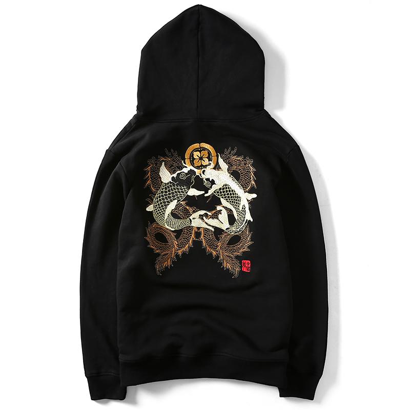 Double Koi & Dragon Embroidered Sukajan Hoodie with golden chrysanthemum crest, koi fish, and dragons in traditional Japanese embroidery


