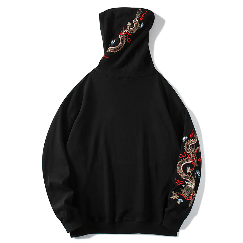 Fiery Pearl Dragon Embroidered Black Hoodie – Symbol of Power and Protection