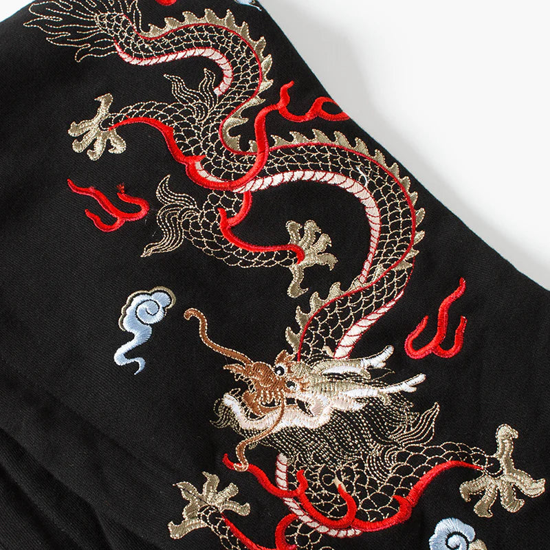 Fiery Pearl Dragon Embroidered Black Hoodie – Symbol of Power and Protection