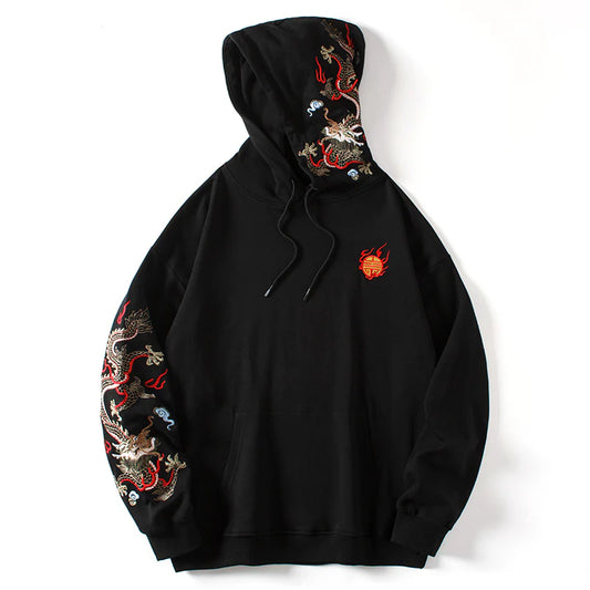 Fiery Pearl Dragon Embroidered Hoodie featuring two Eastern dragons and a flaming pearl on black cotton