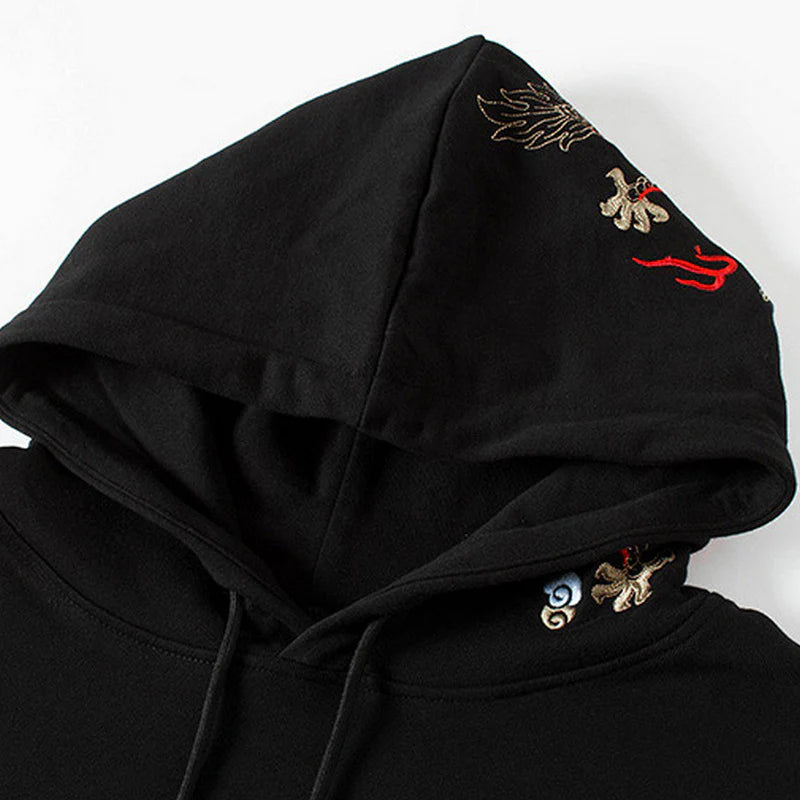 Fiery Pearl Dragon Embroidered Black Hoodie – Symbol of Power and Protection