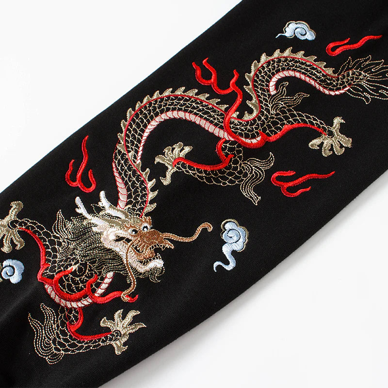 Fiery Pearl Dragon Embroidered Black Hoodie – Symbol of Power and Protection