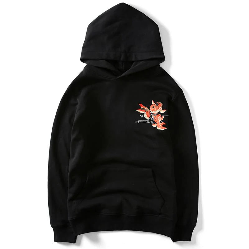 Goldfish Embroidered Sukajan Black Hoodie – Japanese Symbol of Good Fortune