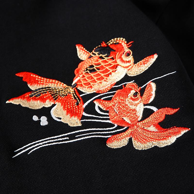 Goldfish Embroidered Sukajan Black Hoodie – Japanese Symbol of Good Fortune