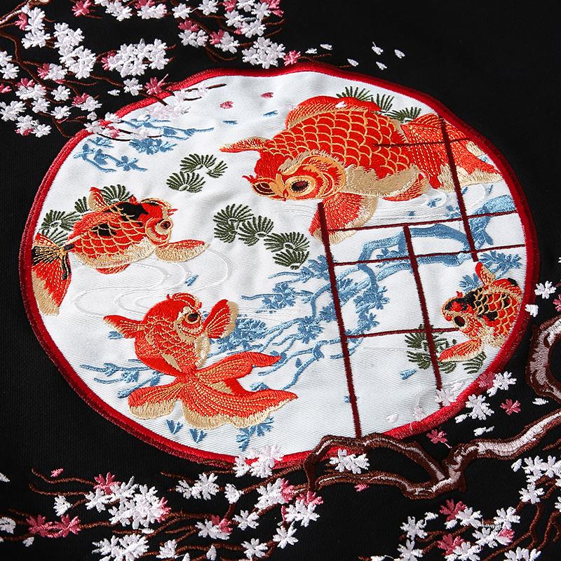 Goldfish Embroidered Sukajan Black Hoodie – Japanese Symbol of Good Fortune
