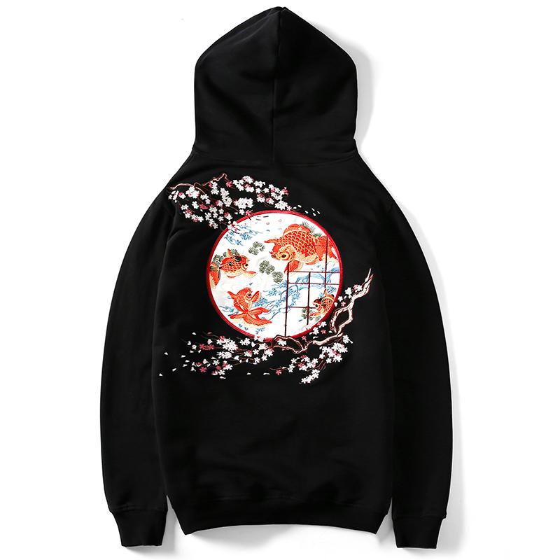 Goldfish Embroidered Sukajan Hoodie with cherry blossom and goldfish design on cotton fabric