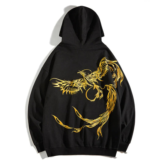 Golden Phoenix Embroidered Hoodie with full-back fiery phoenix design on black cotton fabric

