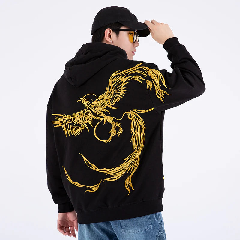 Golden Phoenix Embroidered Black Hoodie – Rise in Power and Style