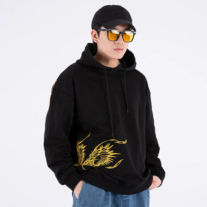 Golden Phoenix Embroidered Black Hoodie – Rise in Power and Style