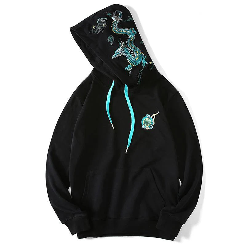 Teal Dragon Embroidered Hoodie with Eastern-style teal dragon on hood and dragon ball on chest in detailed embroidery

