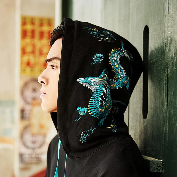 Teal Dragon Embroidered Hoodie – Symbol of Power, Spring & Self-Mastery