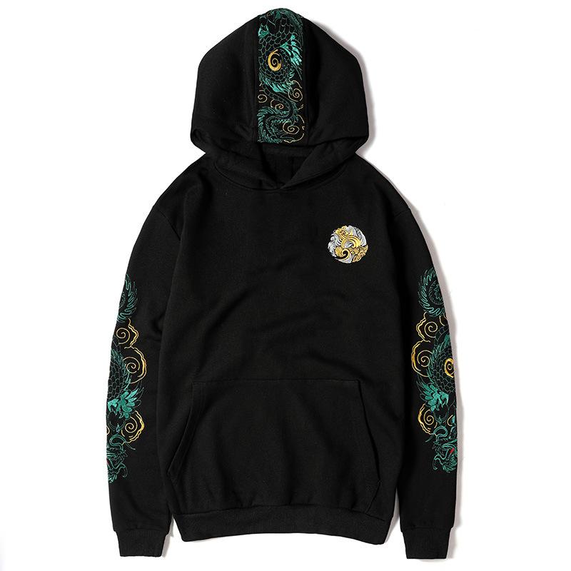 Green Dragon Sleeves Embroidered Hoodie featuring detailed green dragon embroidery along the sleeves on soft black cotton

