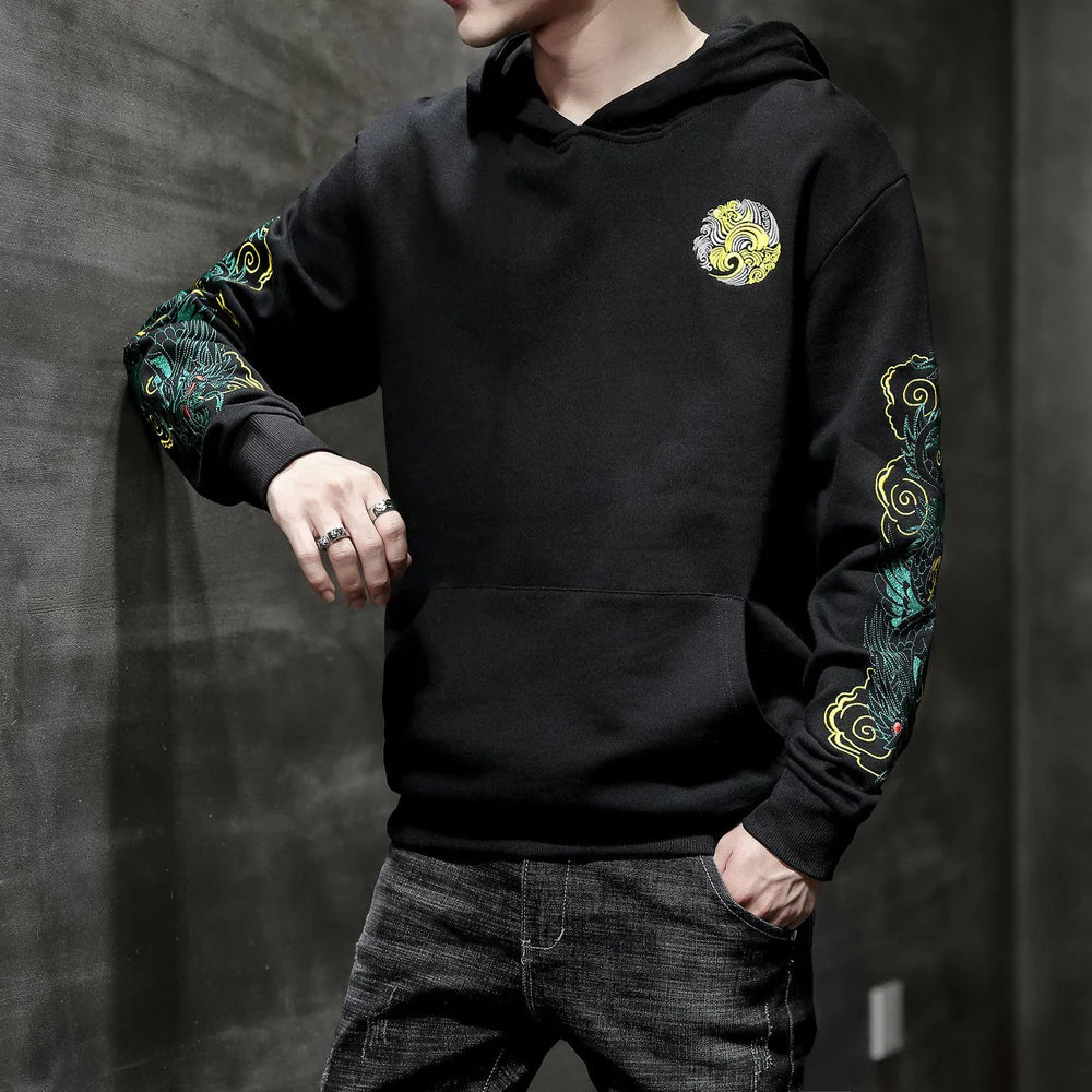 Green Dragon Sleeves Embroidered Hoodie – Regal Power & Eastern Elegance