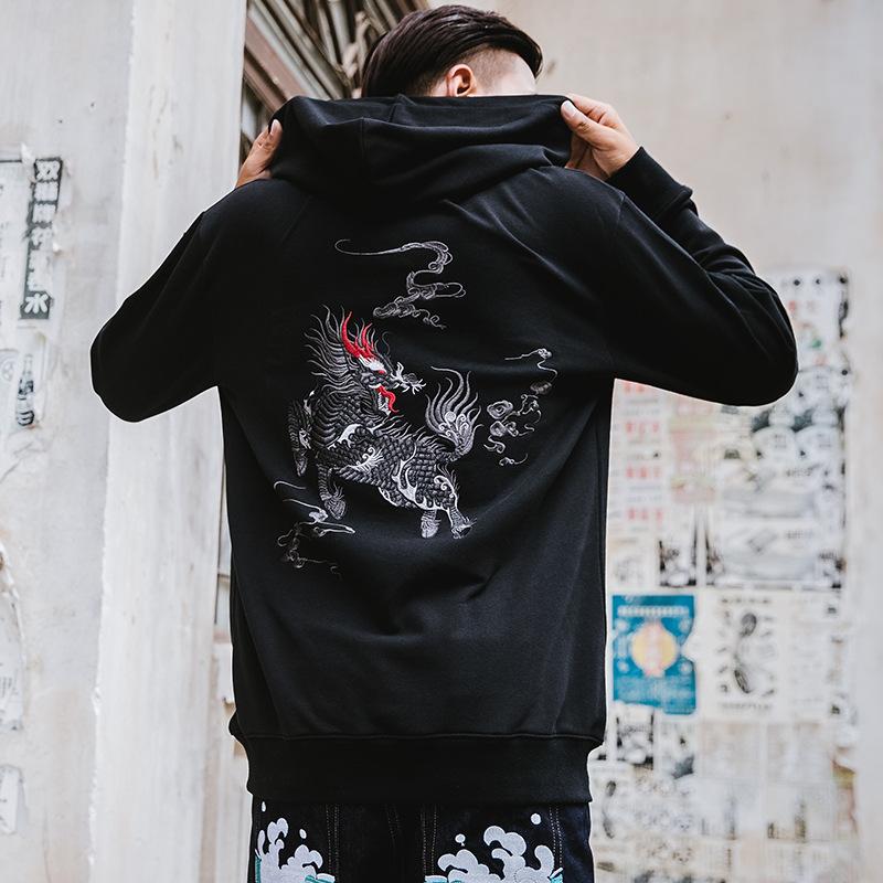 Kirin Embroidered Sukajan Black Hoodie – Mythical Elegance & Power